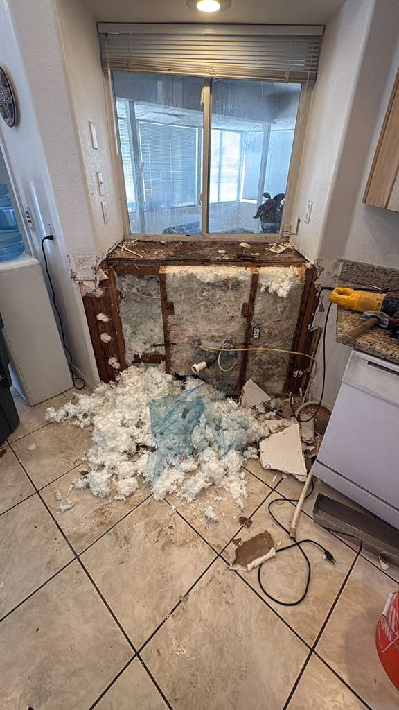 Before — old cabinet torn out, wall open to the studs