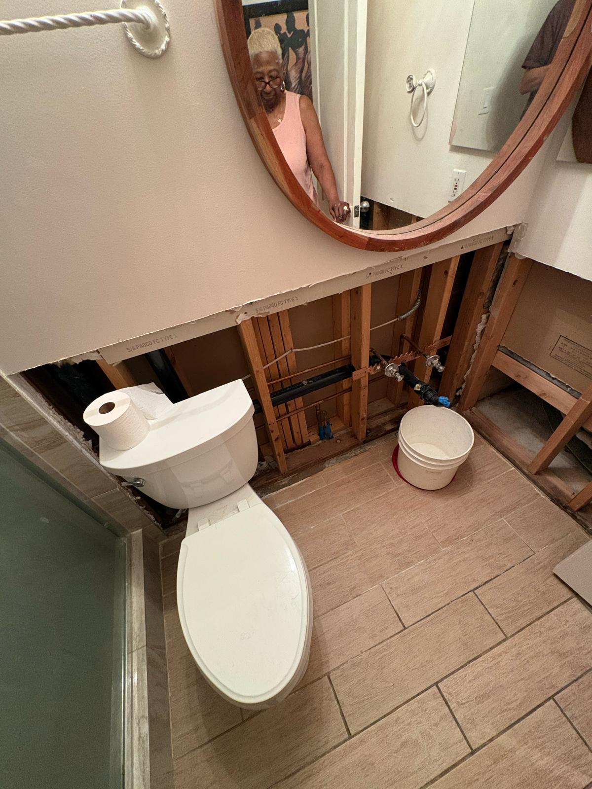 Before — bathroom wall opened to the studs, plumbing exposed