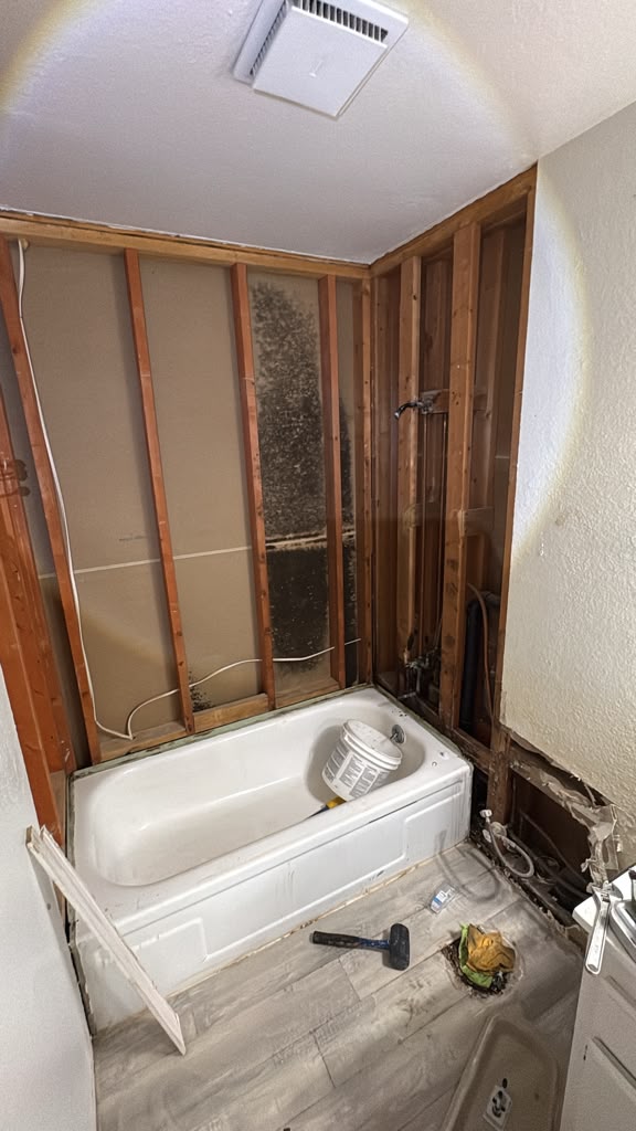 Before — bathroom wall opened to the studs showing mold damage behind the tub